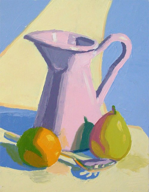 Still life with a pitcher, an orange, a pear, and a spoon